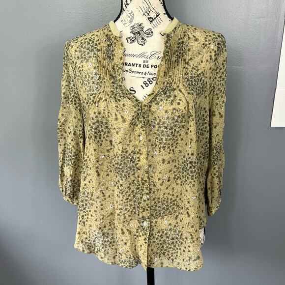 Fei lightweight golden yellow floral long sleeve v-neck button up blouse - Picture 1 of 11